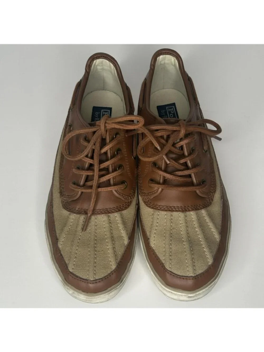 Polo Ralph Lauren Boat Shoes Mens Size 9 Brown Canvas Leather Parkstone Low
